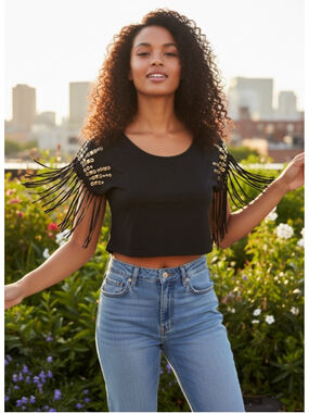 CLEO Black Gold Studded Fringe Crop Top Size S